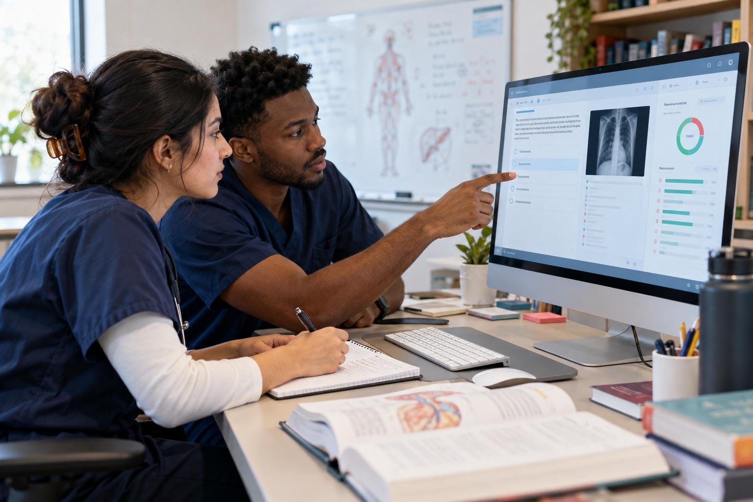 Medical students reviewing a clinical question together